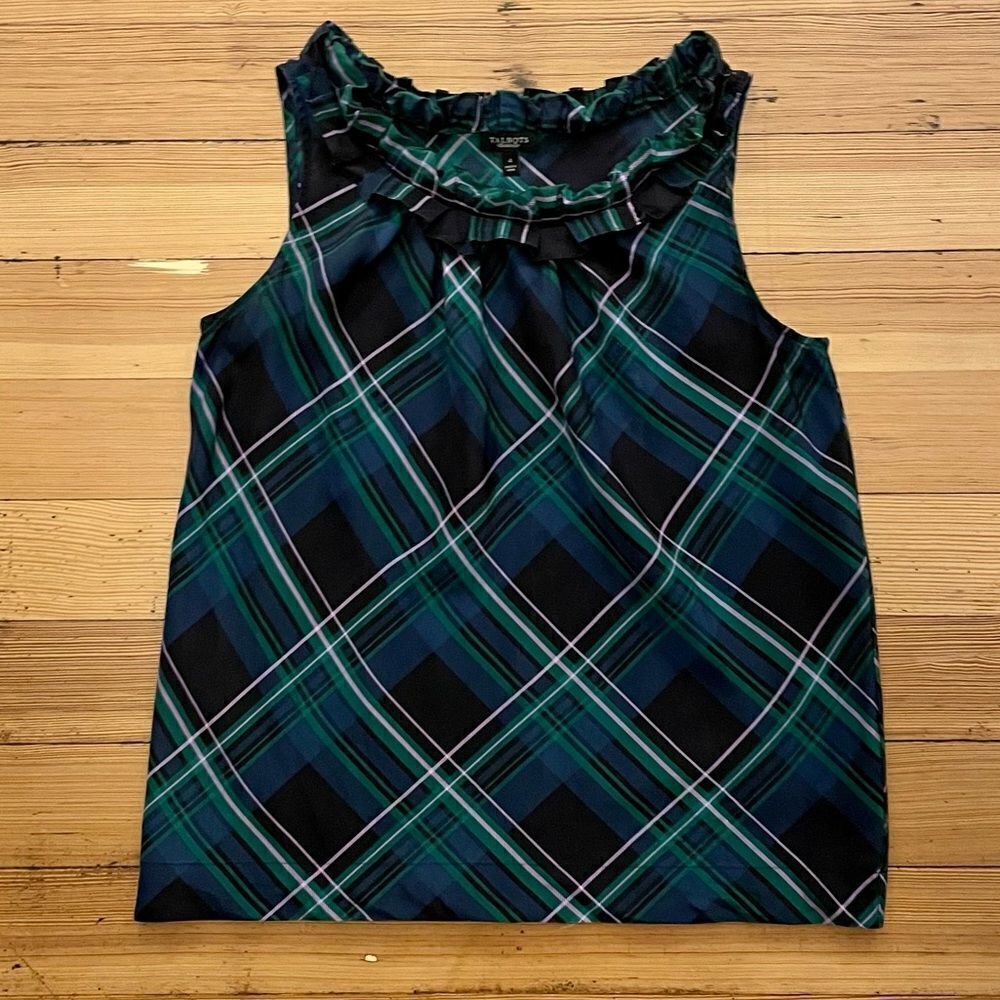 Talbots silk plaid ruffle neck shell. Size 0.